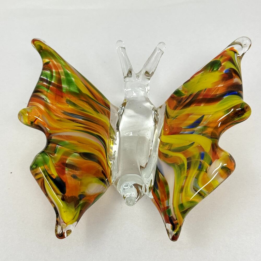 Hand Blown Art Glass Butterfly Figurine Multicolor Paperweight Decor